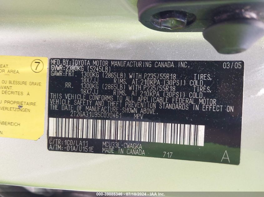 2005 Lexus Rx 330 330 VIN: 2T2GA31U95C030461 Lot: 39885346