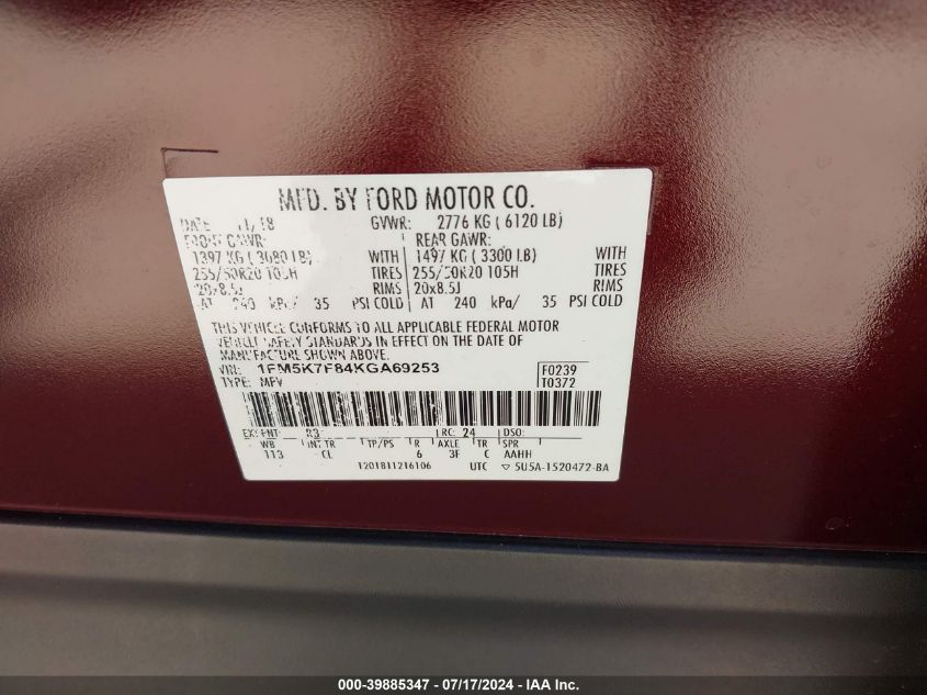 2019 Ford Explorer Limited VIN: 1FM5K7F84KGA69253 Lot: 39885347