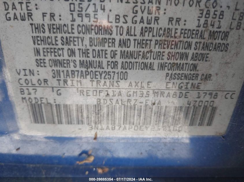 2014 Nissan Sentra S/Sv/Sr/Sl VIN: 3N1AB7AP0EY257100 Lot: 39885354