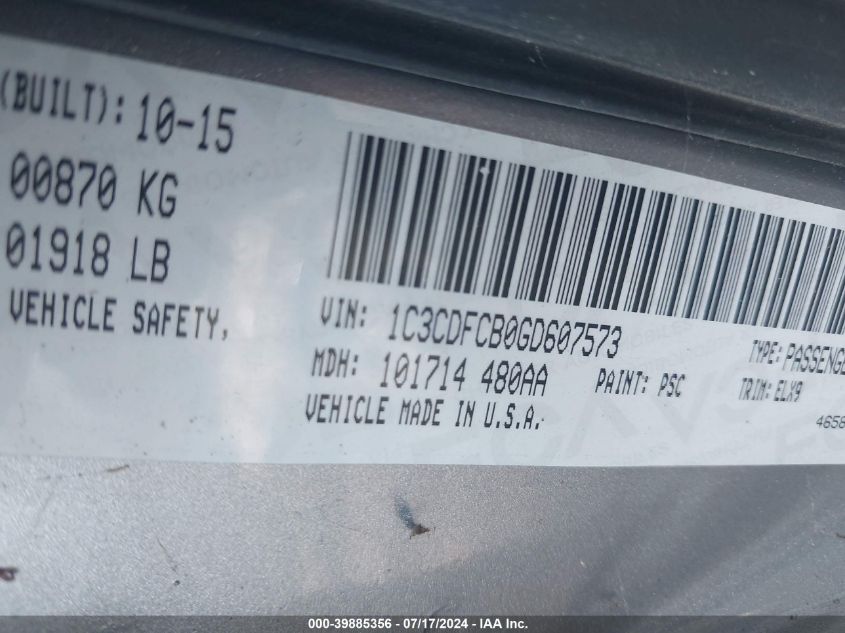 2016 Dodge Dart Limited VIN: 1C3CDFCB0GD607573 Lot: 39885356