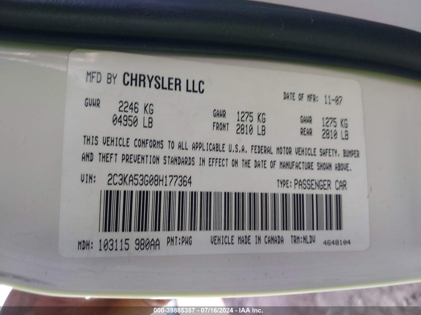 2008 Chrysler 300 Touring VIN: 2C3KA53G08H177364 Lot: 39885357