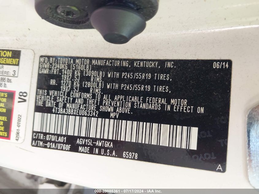 2014 Toyota Venza Le/Xle VIN: 4T3BA3BBXEU063342 Lot: 39885361