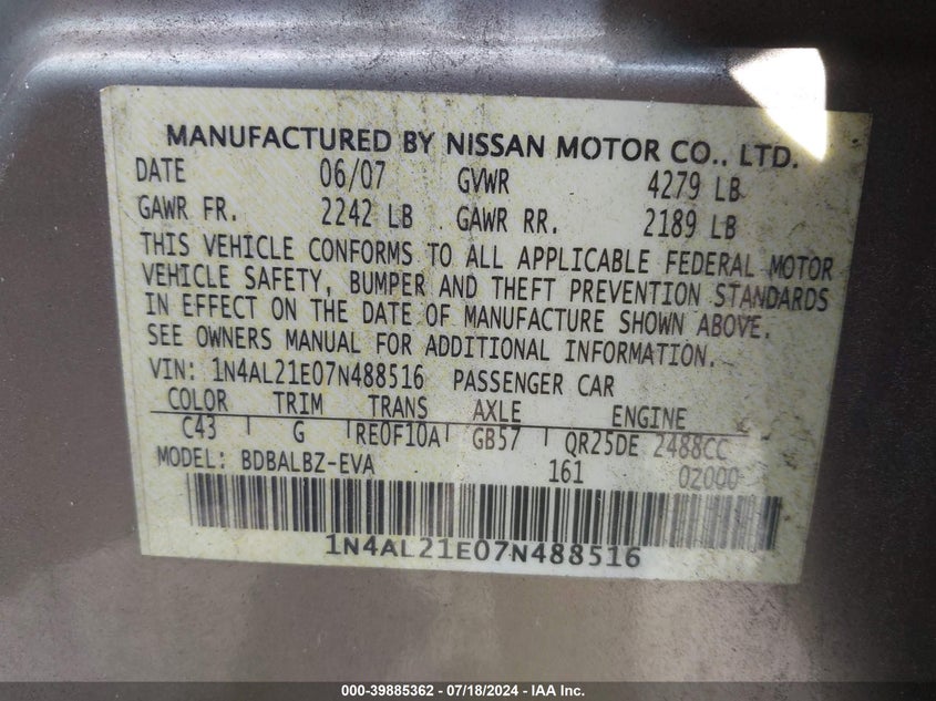 2007 Nissan Altima 2.5 S VIN: 1N4AL21E07N488516 Lot: 39885362