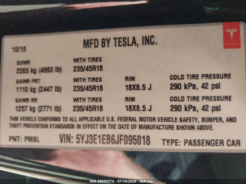 5YJ3E1EB6JF095018 2018 Tesla Model 3 Long Range/Performance