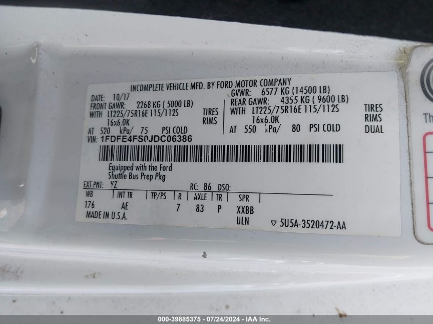 2018 Ford E-450 Cutaway VIN: 1FDFE4FS0JDC06386 Lot: 39885375