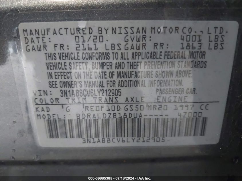 2020 Nissan Sentra Sv VIN: 3N1AB8CV6LY212905 Lot: 39885385