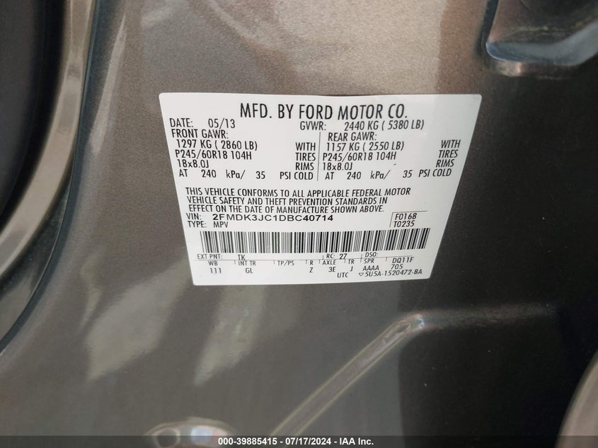 2013 Ford Edge Sel VIN: 2FMDK3JC1DBC40714 Lot: 39885415