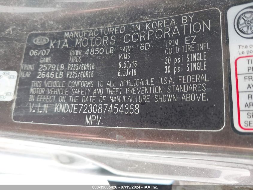 2008 Kia Sportage Lx V6 VIN: KNDJE723087454368 Lot: 39885426