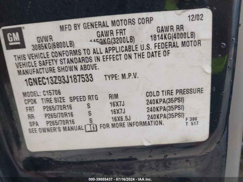 2003 Chevrolet Tahoe Lt VIN: 1GNEC13Z93J187533 Lot: 39885437