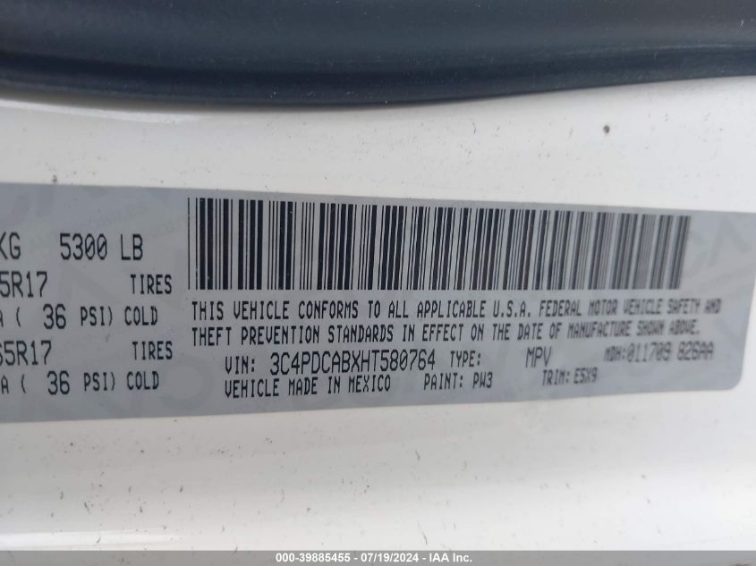 2017 Dodge Journey Se VIN: 3C4PDCABXHT580764 Lot: 39885455