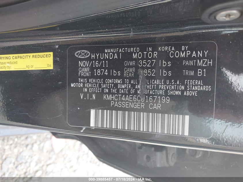 2012 Hyundai Accent Gls VIN: KMHCT4AE6CU167199 Lot: 39885457