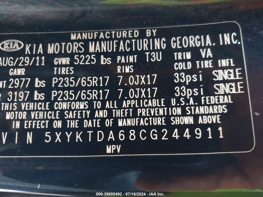 5XYKTDA68CG244911 2012 Kia Sorento Lx