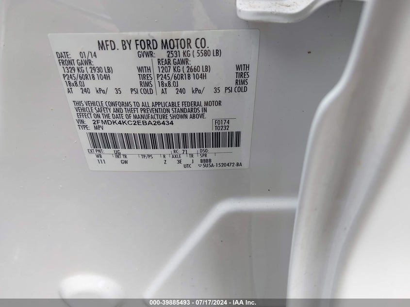 2014 Ford Edge Limited VIN: 2FMDK4KC2EBA26434 Lot: 39885493