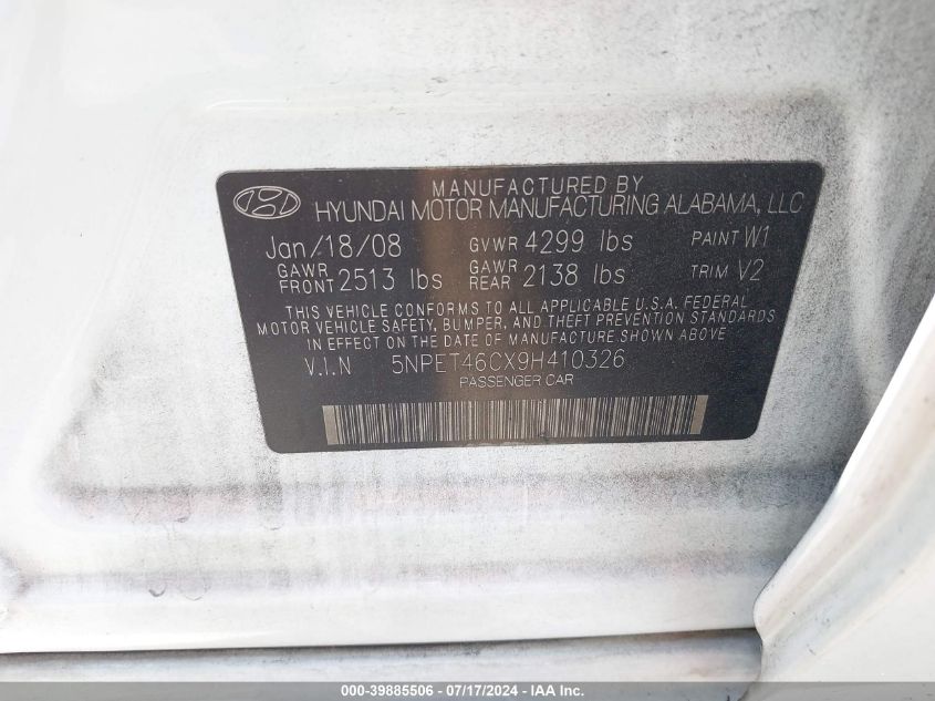 2009 Hyundai Sonata Gls VIN: 5NPET46CX9H410326 Lot: 39885506