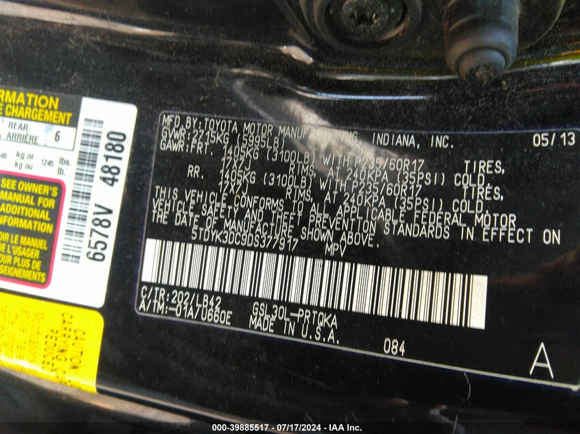 2013 Toyota Sienna Xle V6 8 Passenger VIN: 5TDYK3DC9DS377917 Lot: 39885517