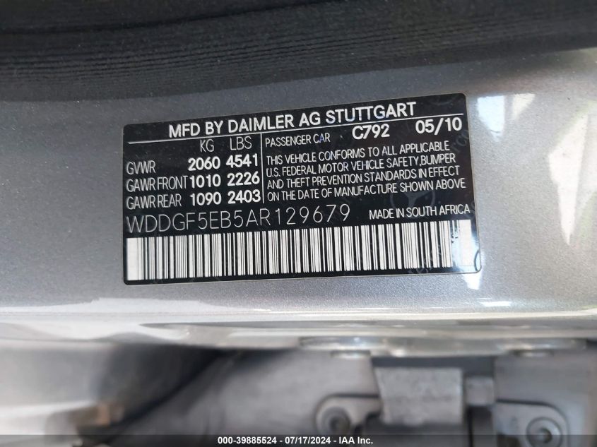 2010 Mercedes-Benz C 300 Luxury/Sport VIN: WDDGF5EB5AR129679 Lot: 39885524