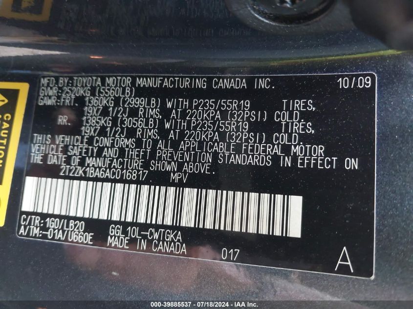 2010 Lexus Rx 350 VIN: 2T2ZK1BA6AC016817 Lot: 39885537