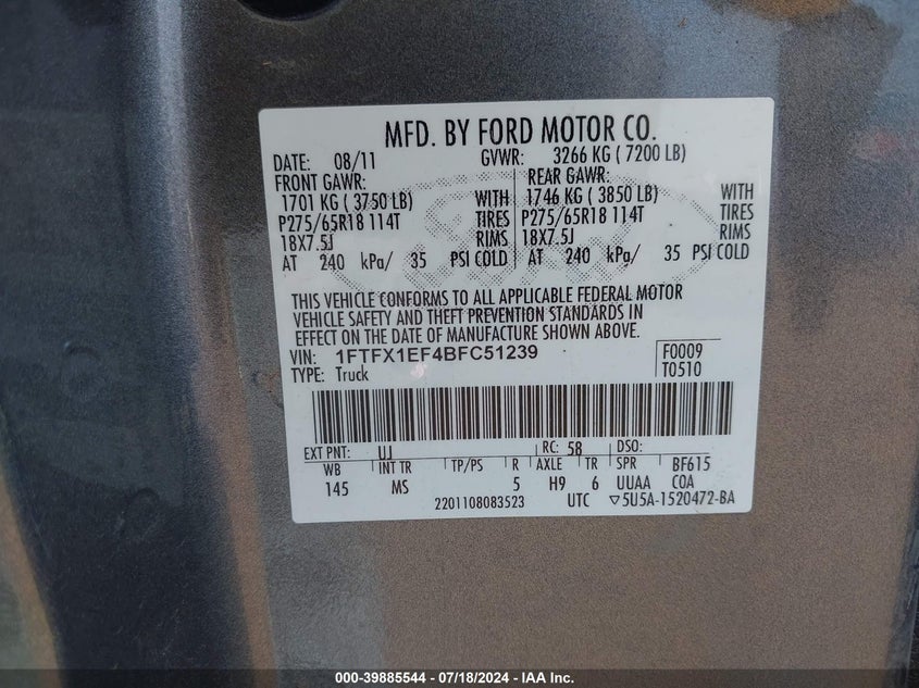 2011 Ford F-150 Xlt VIN: 1FTFX1EF4BFC51239 Lot: 39885544