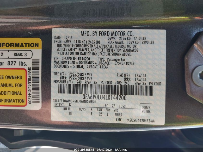 2020 Ford Fusion Hybrid Se VIN: 3FA6P0LU4LR144200 Lot: 39885545