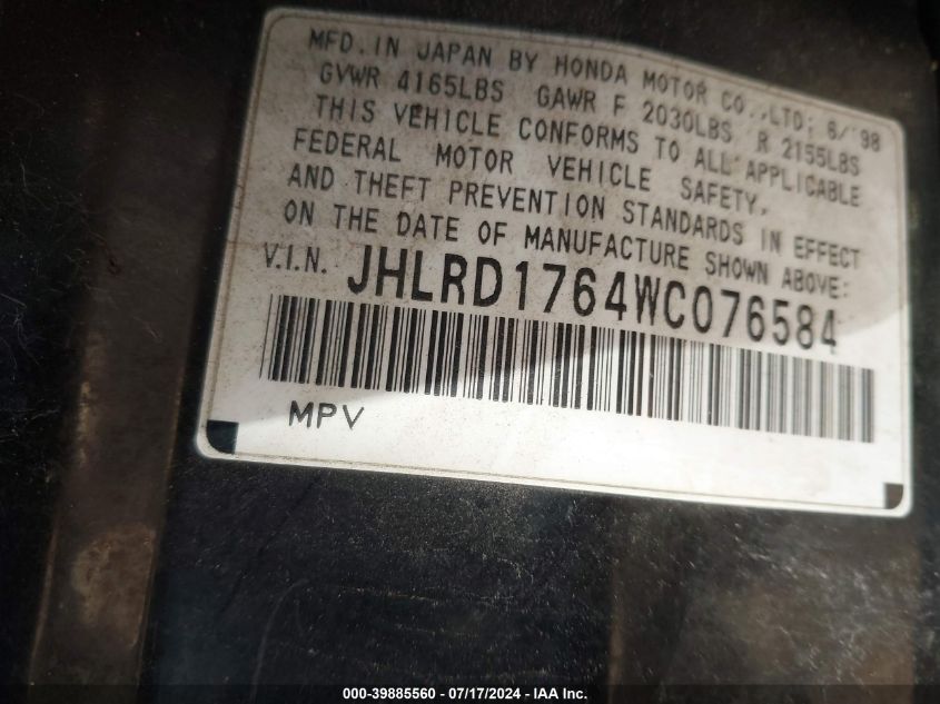 1998 Honda Cr-V Ex VIN: JHLRD1764WC076584 Lot: 39885560