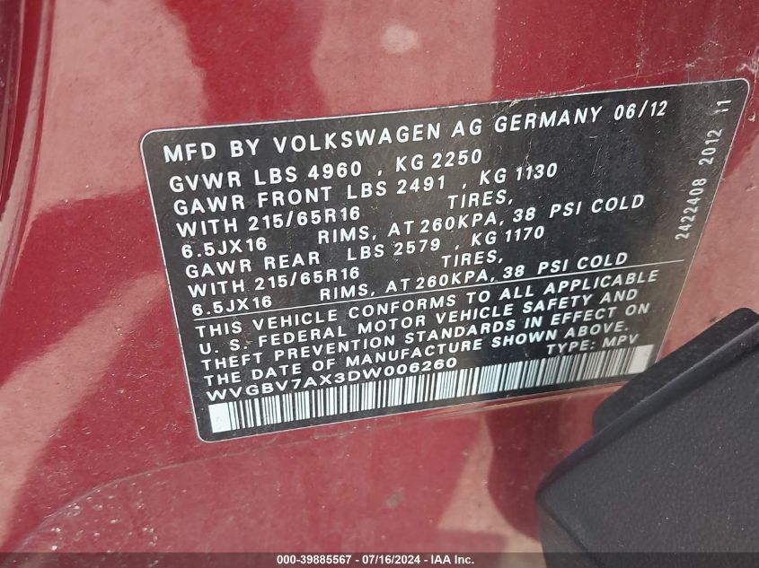 2013 Volkswagen Tiguan S VIN: WVGBV7AX3DW006260 Lot: 39885567