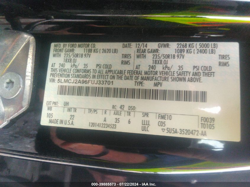 2015 Lincoln Mkc VIN: 5LMCJ2A96FUJ33701 Lot: 39885573