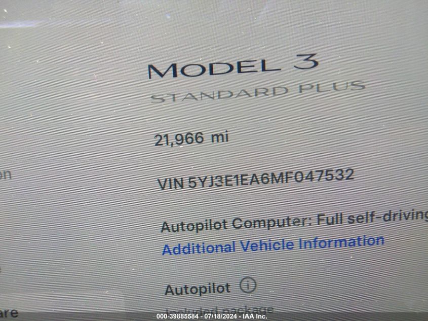 2021 Tesla Model 3 Standard Range Plus Rear-Wheel Drive VIN: 5YJ3E1EA6MF047532 Lot: 39885584