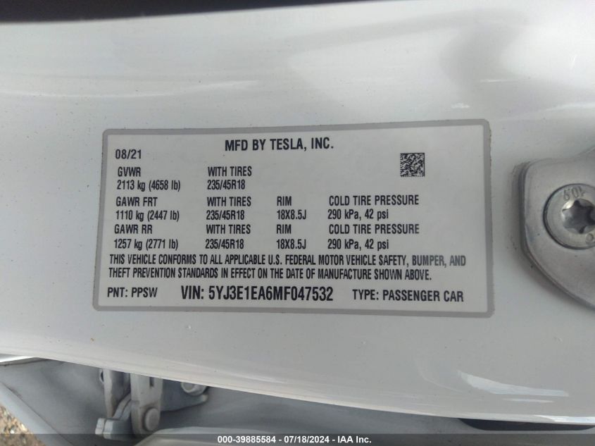 5YJ3E1EA6MF047532 2021 Tesla Model 3 Standard Range Plus Rear-Wheel Drive