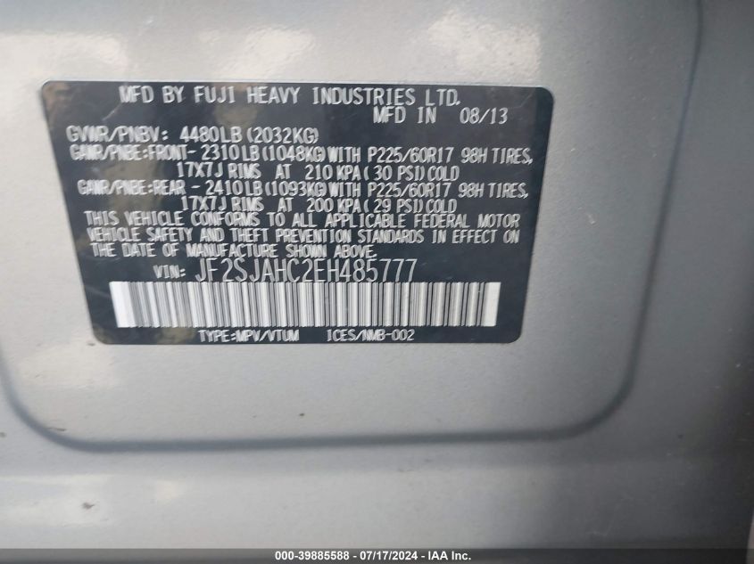 2014 Subaru Forester 2.5I Limited VIN: JF2SJAHC2EH485777 Lot: 39885588
