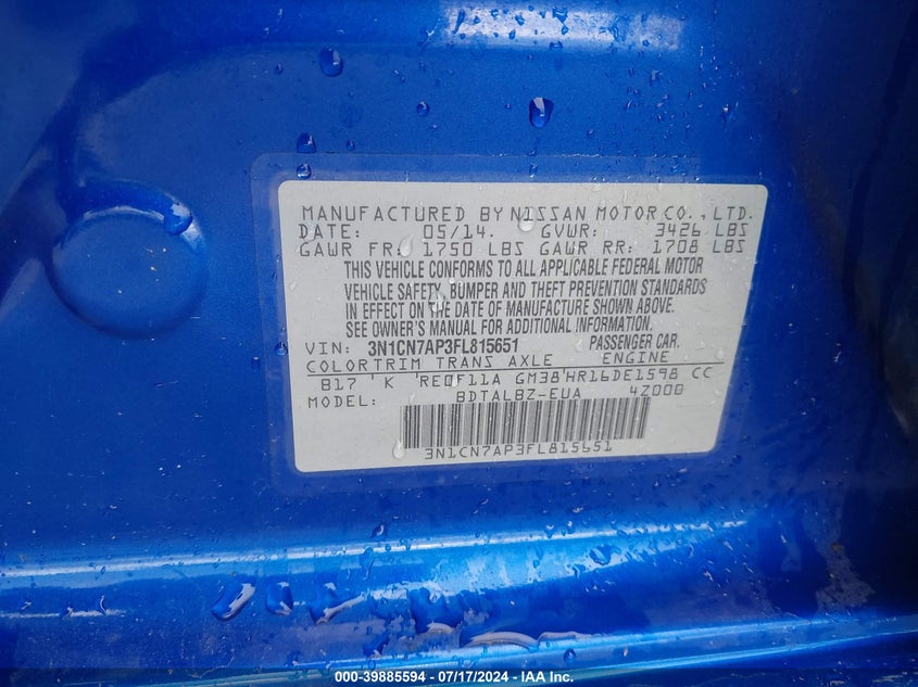 2015 NISSAN VERSA S/S PLUS/SV/SL - 3N1CN7AP3FL815651