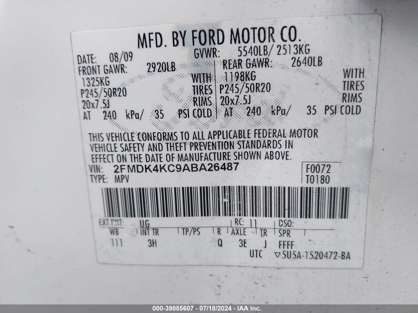 2010 Ford Edge Limited VIN: 2FMDK4KC9ABA26487 Lot: 39885607