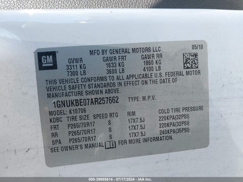 2010 Chevrolet Tahoe Lt VIN: 1GNUKBE07AR257662 Lot: 39885614