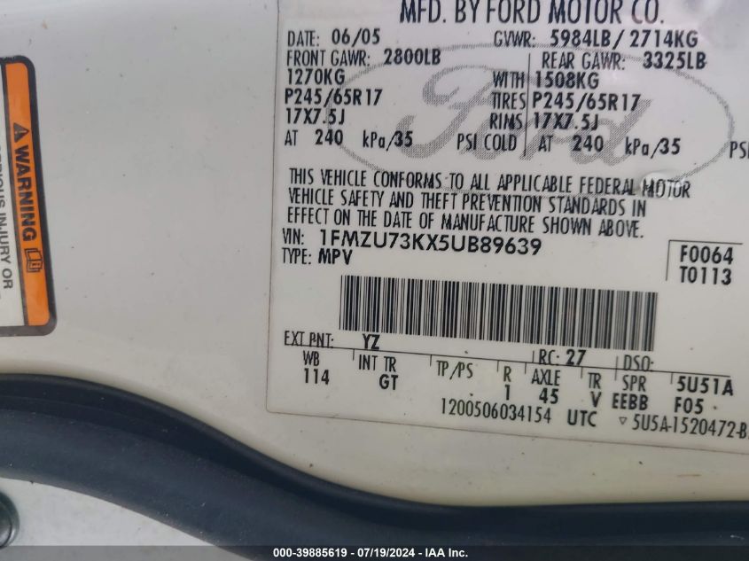 2005 Ford Explorer Xlt/Xlt Sport VIN: 1FMZU73KX5UB89639 Lot: 39885619