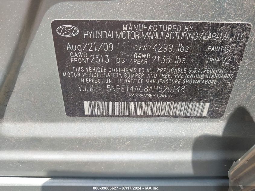 5NPET4AC8AH625148 2010 Hyundai Sonata Gls