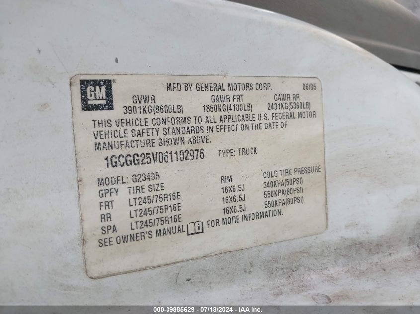 2006 Chevrolet Express Work Van VIN: 1GCGG25V061102976 Lot: 39885629