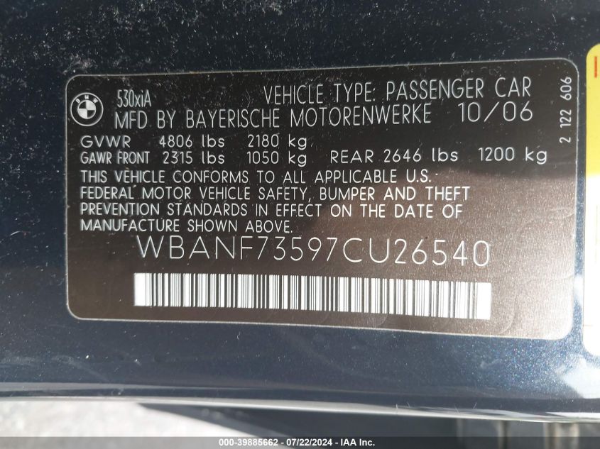 2007 BMW 530Xi VIN: WBANF73597CU26540 Lot: 39885662