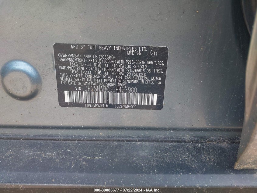 2012 Subaru Forester 2.5X VIN: JF2SHABC6CH423980 Lot: 39885677