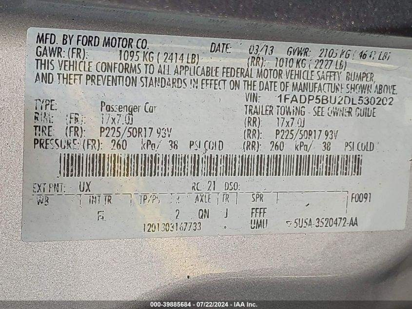 2013 Ford C-Max Hybrid Sel VIN: 1FADP5BU2DL530202 Lot: 39885684