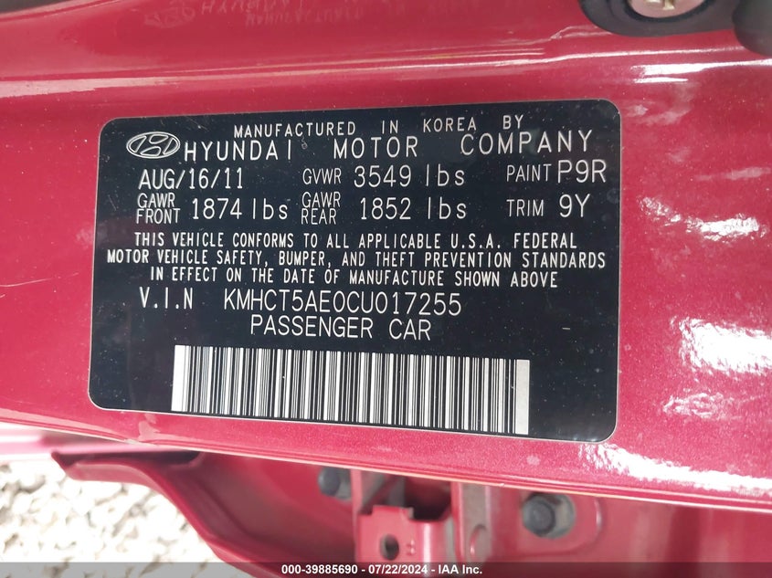 2012 Hyundai Accent Gs VIN: KMHCT5AE0CU017255 Lot: 39885690
