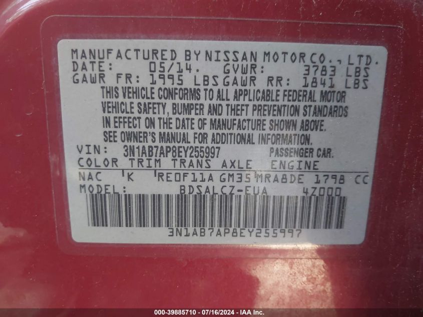 2014 Nissan Sentra S VIN: 3N1AB7AP8EY255997 Lot: 39885710