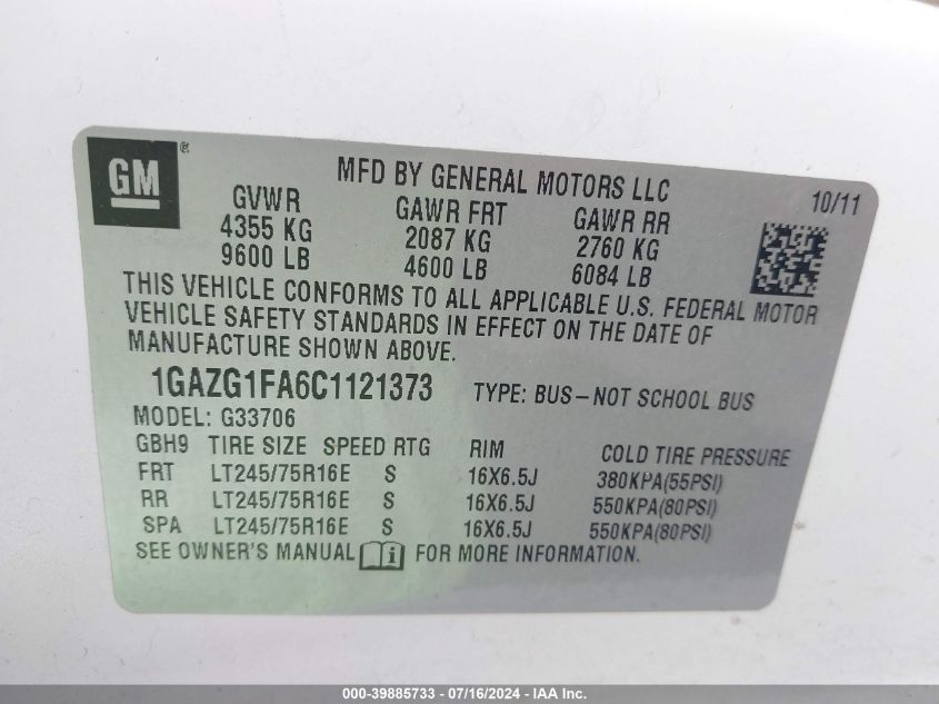 2012 Chevrolet Express 3500 Lt VIN: 1GAZG1FA6C1121373 Lot: 39885733