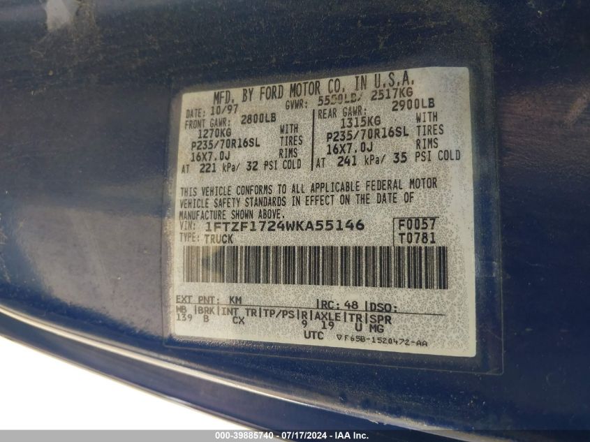1998 Ford F150 VIN: 1FTZF1724WKA55146 Lot: 39885740