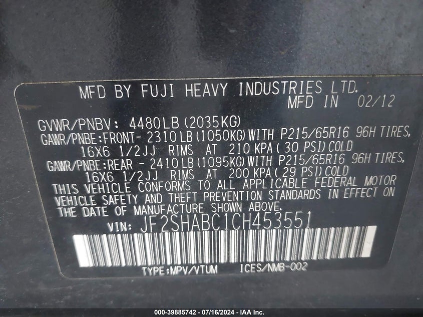 2012 Subaru Forester 2.5X VIN: JF2SHABC1CH453551 Lot: 39885742