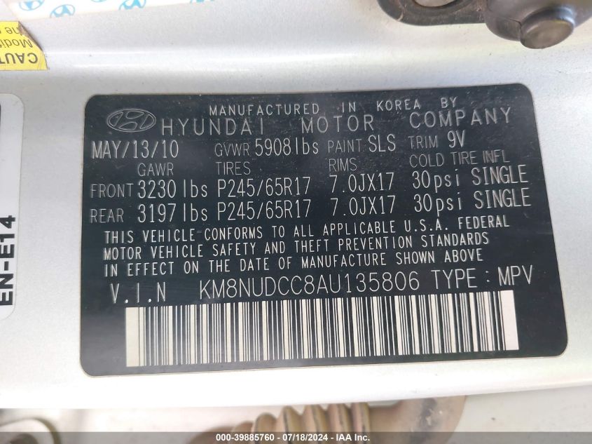 2010 Hyundai Veracruz Gls VIN: KM8NUDCC8AU135806 Lot: 39885760