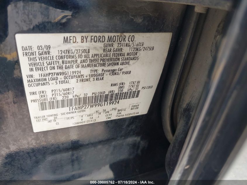 2009 Ford Taurus Sel VIN: 1FAHP27W99G119924 Lot: 39885762