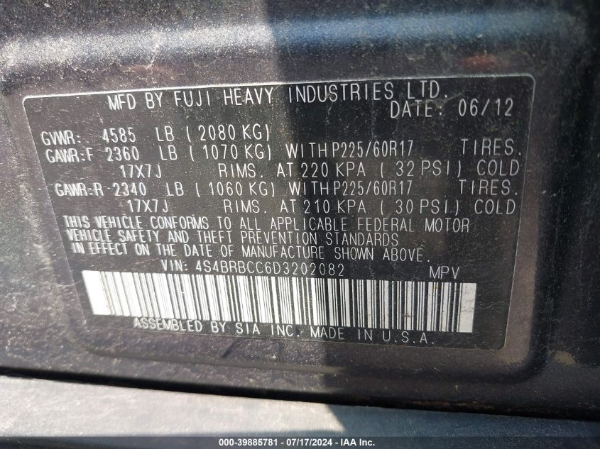 2013 Subaru Outback 2.5I Premium VIN: 4S4BRBCC6D3202082 Lot: 39885781