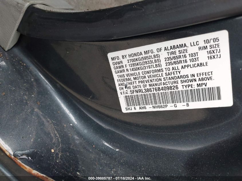 2006 Honda Odyssey Ex-L VIN: 5FNRL38676B409826 Lot: 39885787