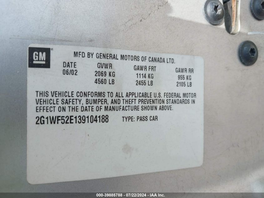 2003 Chevrolet Impala VIN: 2G1WF52E139104188 Lot: 39885788