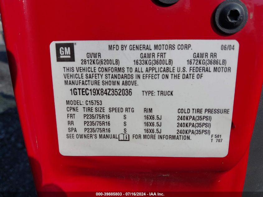 2004 GMC Sierra 1500 VIN: 1GTEC19X84Z352036 Lot: 39885803