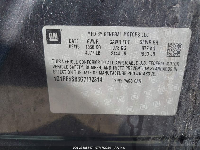 2016 Chevrolet Cruze Limited 1Lt Auto VIN: 1G1PE5SB6G7172314 Lot: 39885817